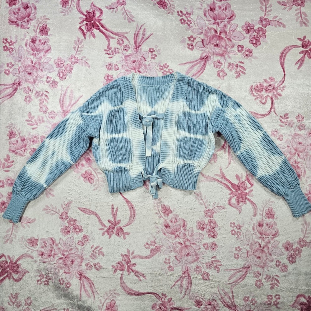 Aeropostale Tie Front Cardigan Womens Small Blue White Excellent Tie Dye Cropped